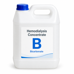 Haemodialysis Solution B liquid concentrate in a white container with a blue cap and B label